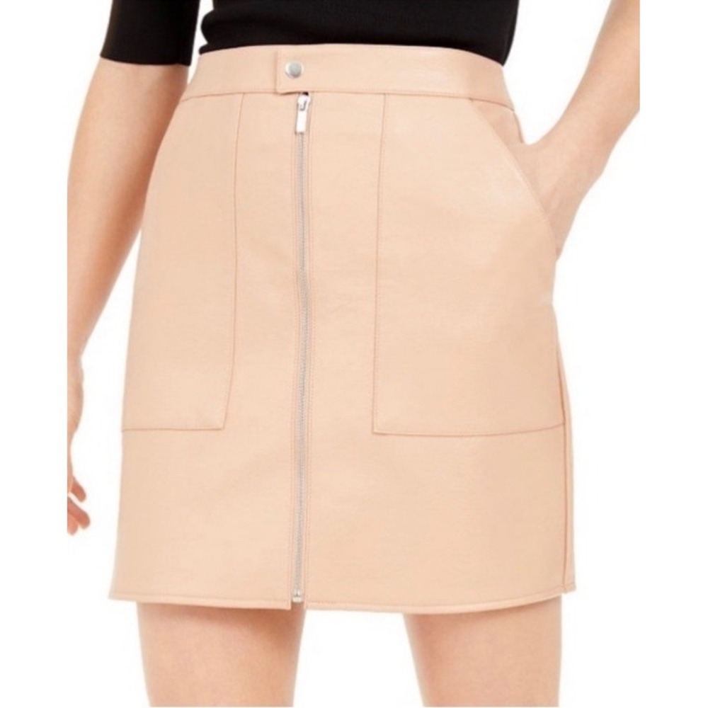 Bar III Vegan Leather Mini Skirt Fatigue Pocket Tan Pink Front Zip Age Blush 6